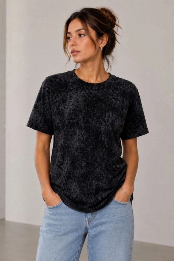 Kadın Yıkamalı Washed Effect Tişört Bisiklet Yaka Sokak Stil Kısa Kol T-Shirt - Siyah