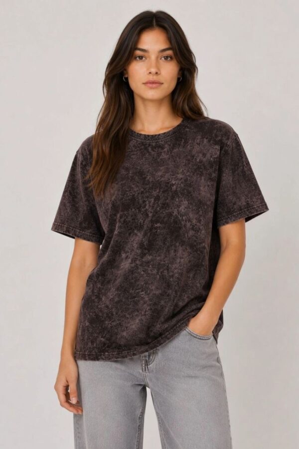 Kadın Yıkamalı Washed Effect Tişört Bisiklet Yaka Sokak Stil Kısa Kol T-Shirt - Siyah