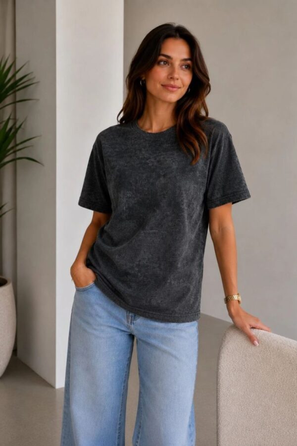 Kadın Batik Desenli Tişört Bisiklet Yaka Kısa Kol Regular Fit T-shirt - Siyah