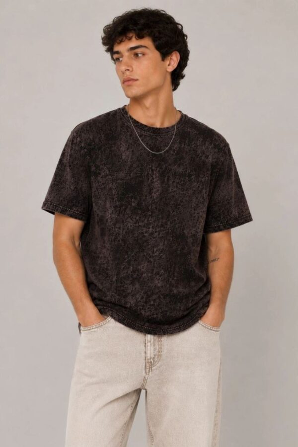 Erkek Yıkamalı Washed Effect Tişört Bisiklet Yaka Sokak Stil Kısa Kol T-Shirt - Füme