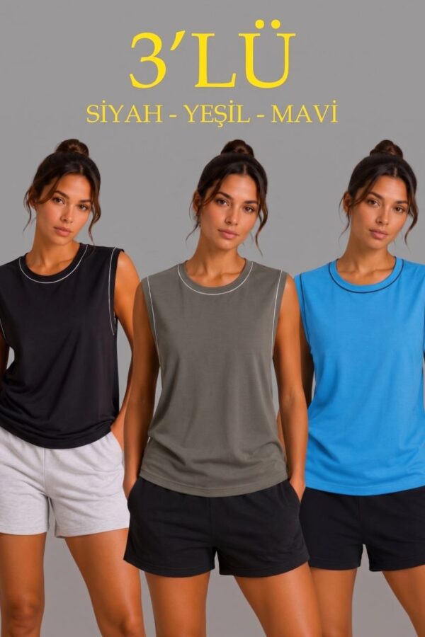 Kadın 3’lü Kolsuz Sporcu Atlet Seti Yazlık Bisiklet Yaka - Siyah, Haki, Mavi