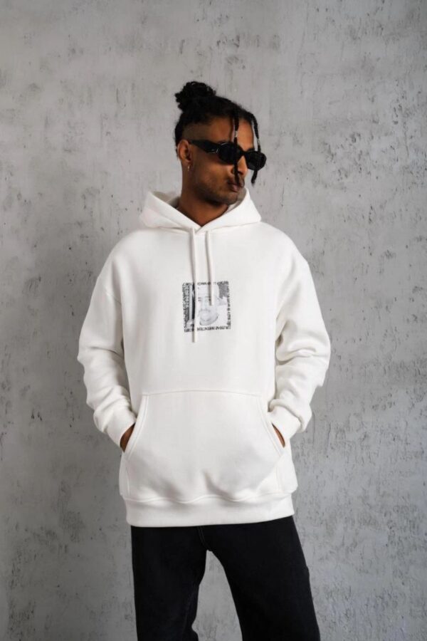 Erkek 3 İplik Pamuklu Kapüşonlu Baskılı Cepli Oversize Sweatshirt Hoodie - Beyaz