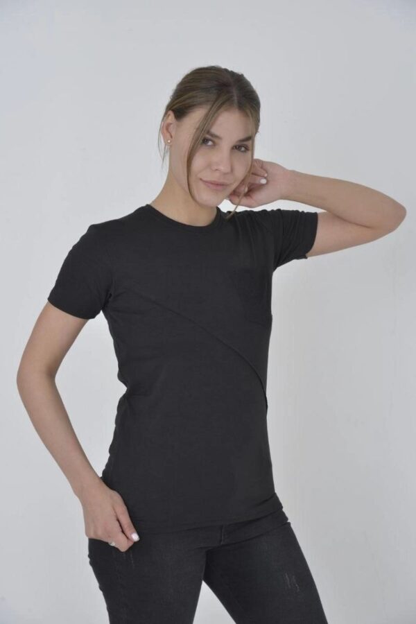 Kadın File Cepli T-Shirt Kısa Kol Bisiklet Yaka Slimfit Tişört - Siyah
