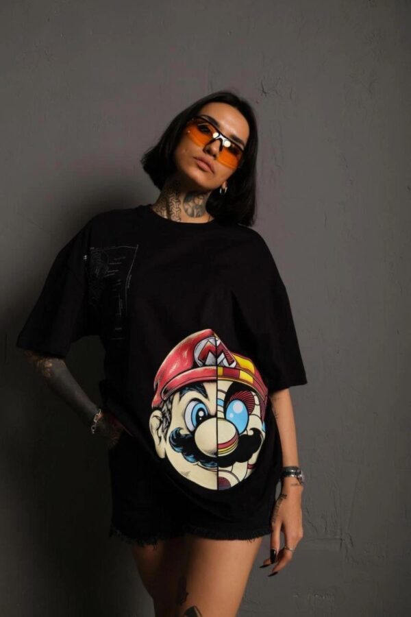 Kadın Mario Baskılı T-Shirt Oversize Kısa kol Bisiklet yaka tişort - Siyah