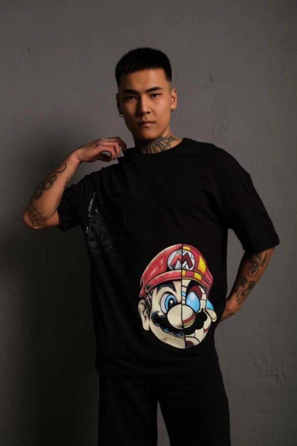 Erkek Mario Baskılı T-Shirt Oversize Kısa kol Bisiklet yaka tişort - Siyah