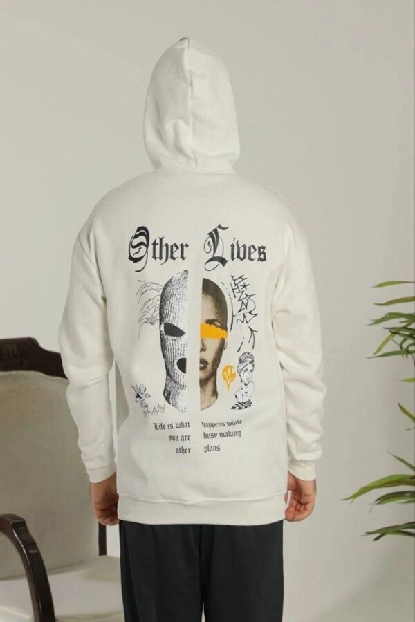 Erkek 3 İplik Pamuklu Kapüşonlu Baskılı Cepli Oversize Sweatshirt Hoodie - Beyaz