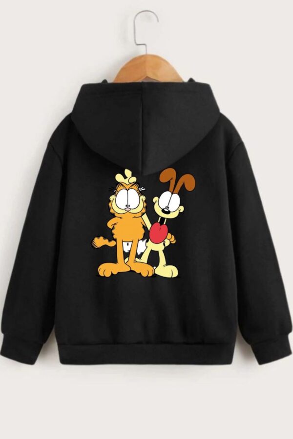 Çocuk Unisex Kapüşonlu Ön ve Arka Garfield Baskılı Sweatshirt - Siyah