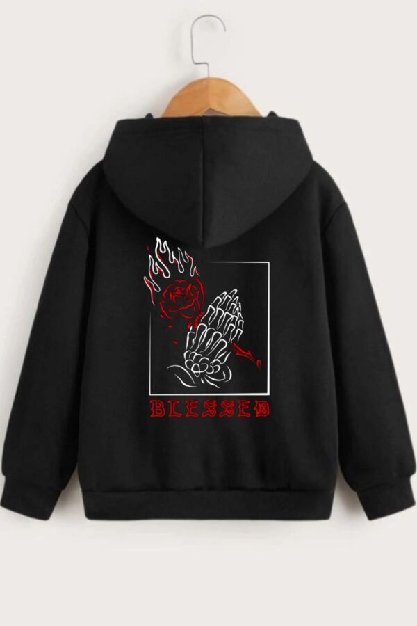 Çocuk Unisex Kapüşonlu Ön ve Arka Blessed Baskılı Sweatshirt - Siyah