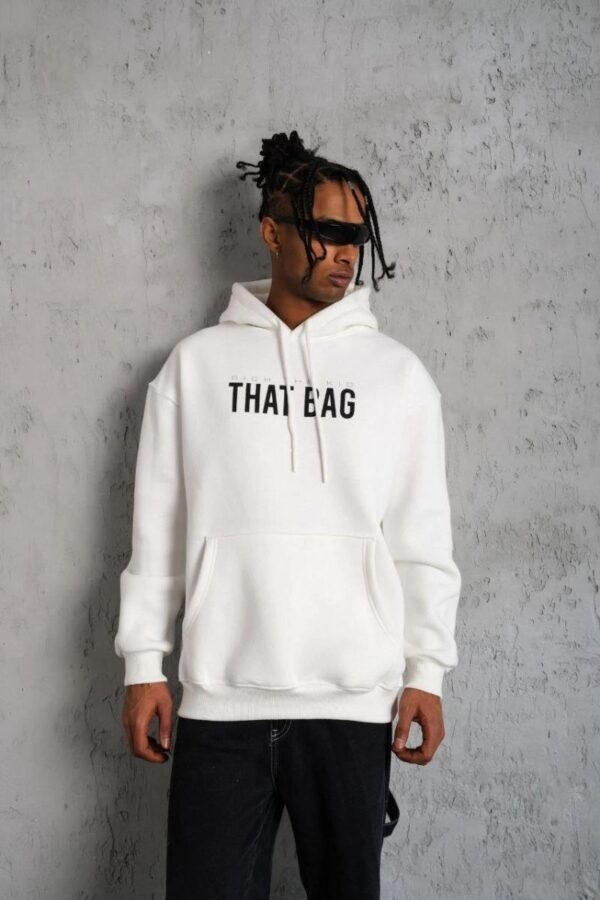 Erkek 3 İplik Pamuklu Kapüşonlu Baskılı Cepli Oversize Sweatshirt Hoodie - Beyaz
