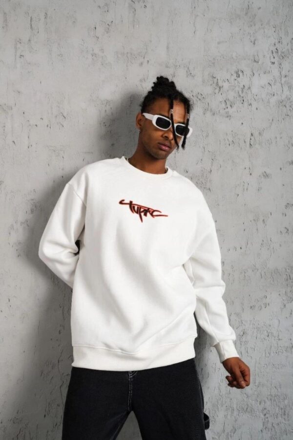 Erkek 3 İplik Pamuklu Bisiklet Yaka Gangster Baskılı Sweatshirt - Beyaz