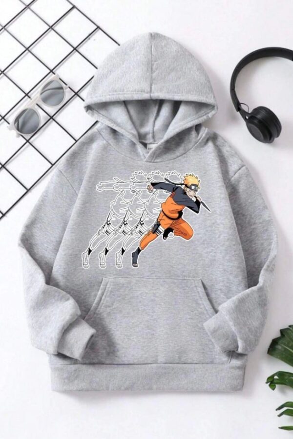 Çocuk Unisex Kapüşonlu Naruto Baskılı Pamuklu Sweatshirt - Gri