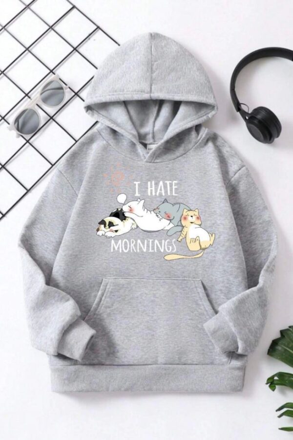 Çocuk Unisex Kapüşonlu Kedicik Baskılı Pamuklu Sweatshirt - Gri