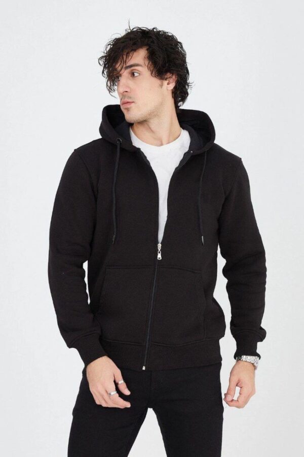 Erkek 3 İplik Pamuklu Fermuarlı Kapüşonlu Kanguru Cepli Hoodie Hırka Sweatshirt - Siyah