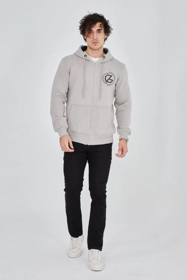 Erkek 3 İplik Pamuklu Fermuarlı Kapüşonlu Kanguru Cepli Baskılı Hoodie Hırka Sweatshirt - Boyalı Gri