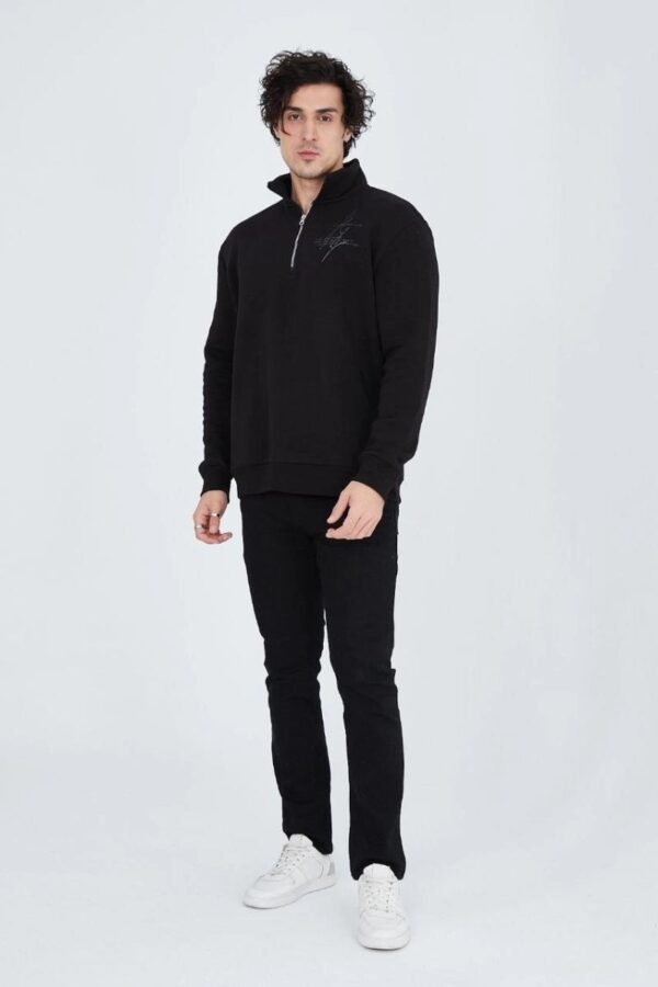 Erkek Yarım Fermuarlı Baskılı 3  iplik pamuklu sweatshirt - Siyah