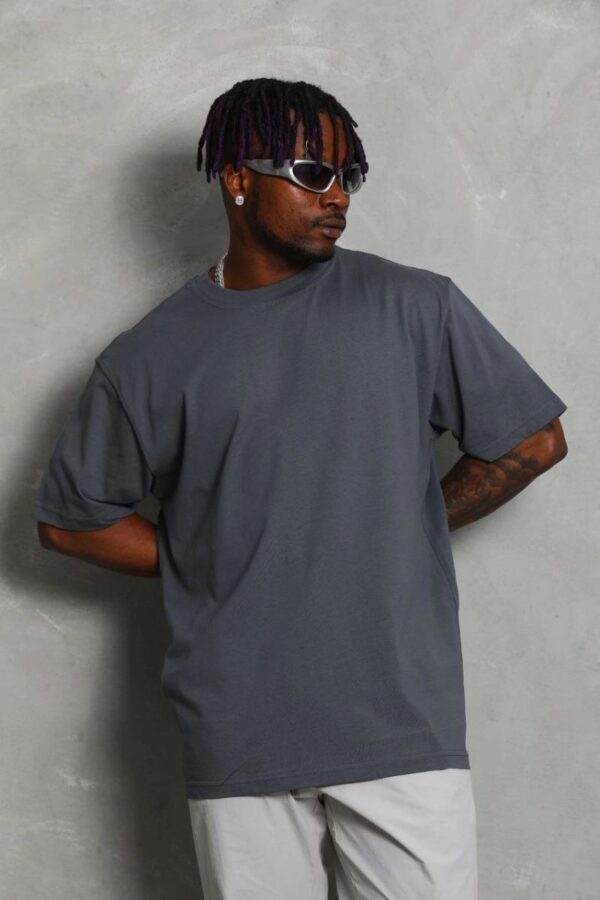 Erkek Düz Yazlık Kısa Kol Tişört Bisiklet Yaka Oversize T-Shirt - Füme