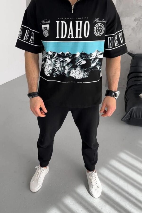 Erkek  Baskılı Yarım Fermuarlı  Kısa kol T-Shirt - Siyah