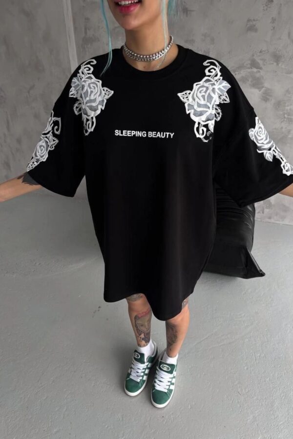 Kadın Kısa Kol Yazlık Tişört Bisiklet Yaka Baskılı Oversize T-Shirt - Siyah