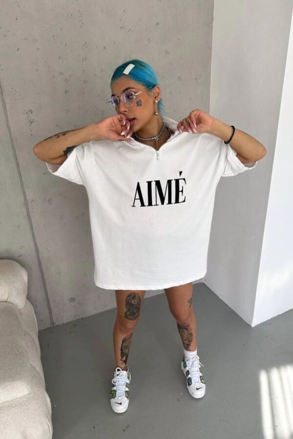 Kadın Yarım Fermuarlı Tişört Kısa kol Baskılı T-Shirt - Beyaz