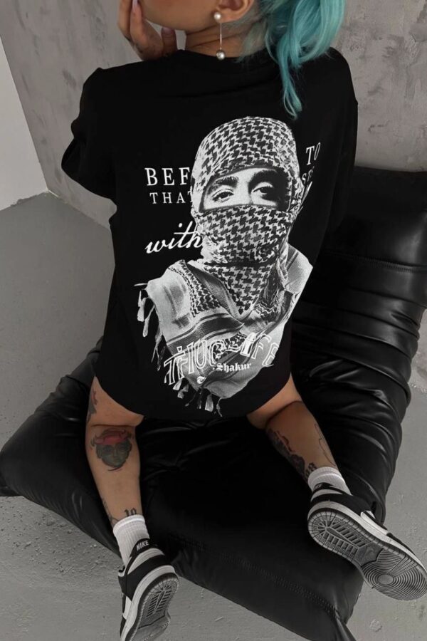 Kadın Kısa Kol Tişört Bisiklet Yaka Filistin Poşülü Baskılı T-Shirt - Siyah
