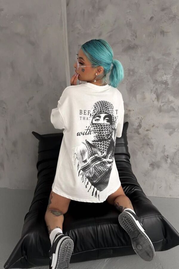 Kadın Kısa Kol Tişört Bisiklet Yaka Filistin Poşülü Baskılı T-Shirt - Beyaz