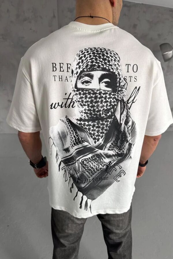 Erkek Kısa Kol Tişört Bisiklet Yaka Filistin Poşulu Baskılı T-Shirt - Beyaz