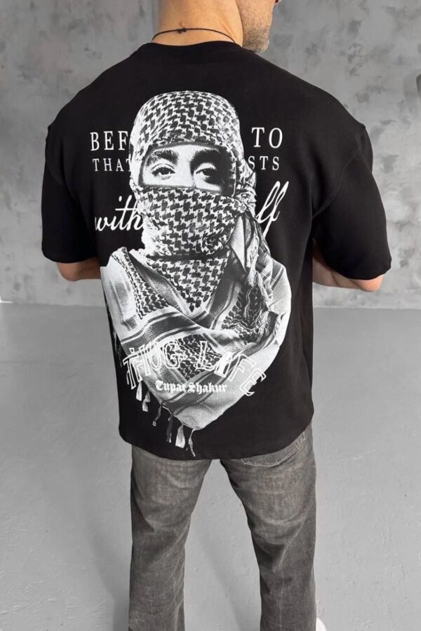 Erkek Kısa Kol Tişört Bisiklet Yaka Filistin Poşulu Baskılı T-Shirt - Siyah