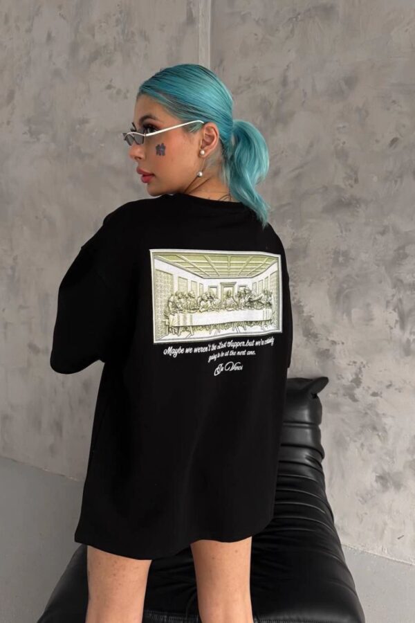 Kadın Baskılı T-Shirt Kısa Kol Bisiklet Yaka Oversize Rahat Kalıp Günlük Tişört - Siyah