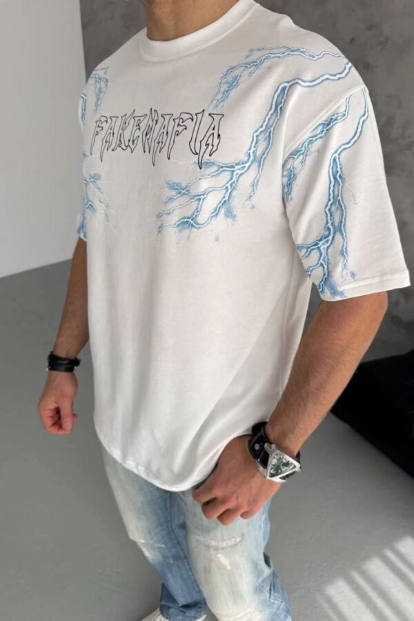 Erkek Bisiklet Yaka Tişört Yıldırım Şimşek Baskılı Kısa Kol T-Shirt - Beyaz