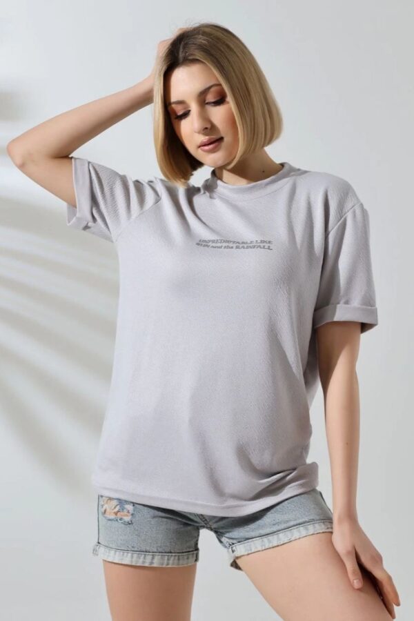 Kadın Bisiklet Yaka Baskılı Slim Fit T-Shirt - Boyalı Gri