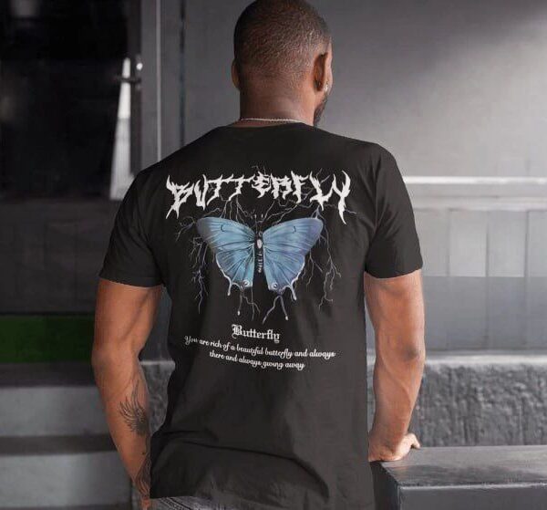 Erkek Tişort  Bisiklet Yaka Kelebek Baskılı Kısa kol T-Shirt - Siyah