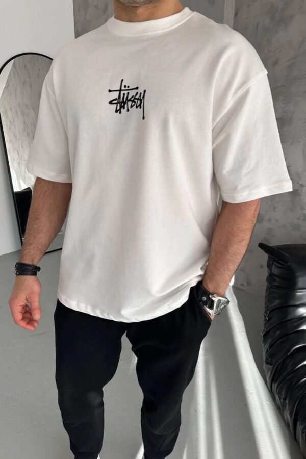 Erkek Tişört Bisiklet Yaka Baskılı Oversize Kısa kol T-Shirt - Beyaz