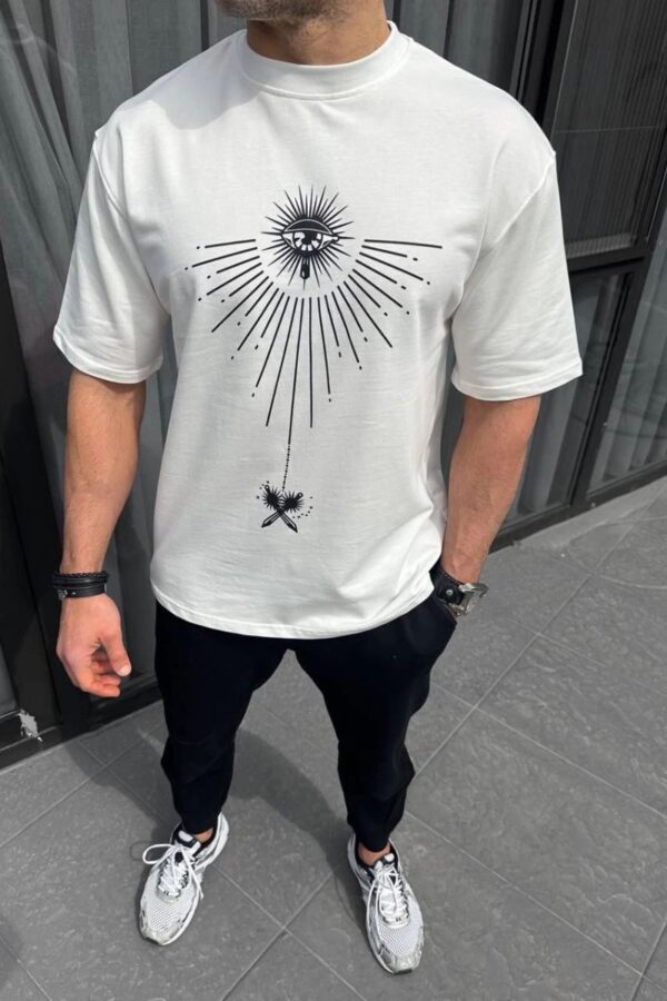 Erkek Kısa Kol Tişört Bisiklet Yaka GÜL Baskılı Oversize T-Shirt - Beyaz