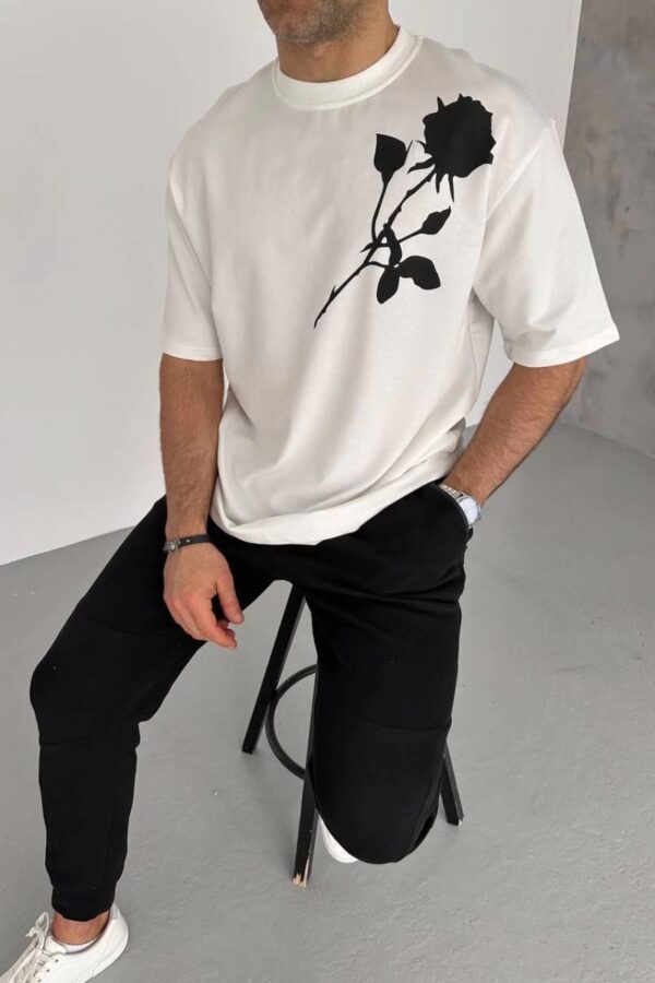 Erkek Kısa Kol Tişört Bisiklet Yaka GÜL Baskılı Oversize T-Shirt - Beyaz