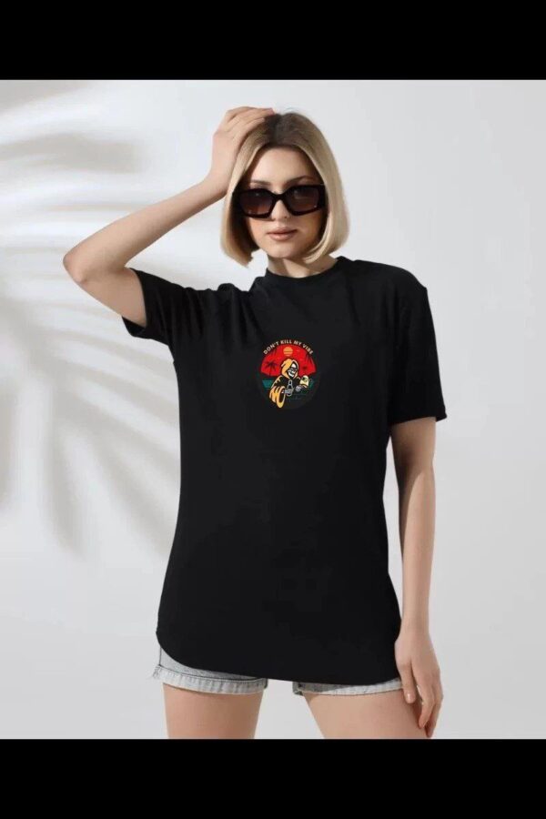 Kadın Bisiklet Yaka Baskılı  kısa kol T-Shirt - Siyah
