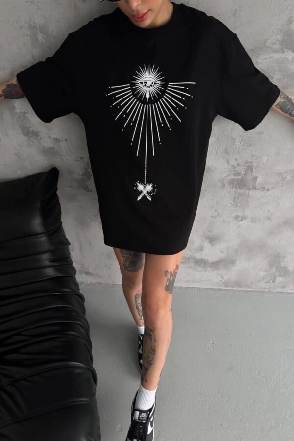 kadın Bisiklet Yaka Baskılı Oversize  Kısa kol T-Shirt - Siyah