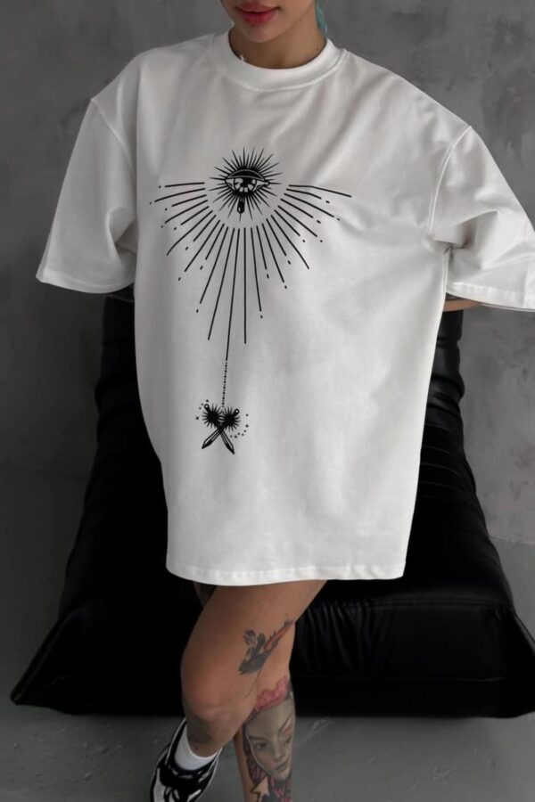 kadın Bisiklet Yaka Baskılı Oversize  Kısa kol T-Shirt - Beyaz