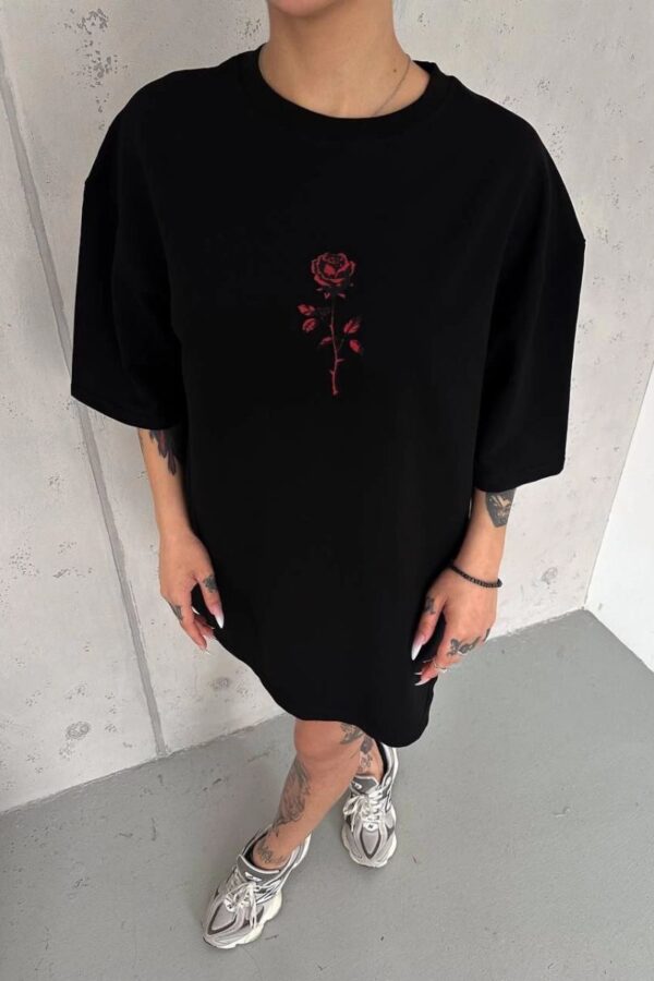 kadın Bisiklet Yaka Baskılı Oversize  Kısa kol T-Shirt - Siyah