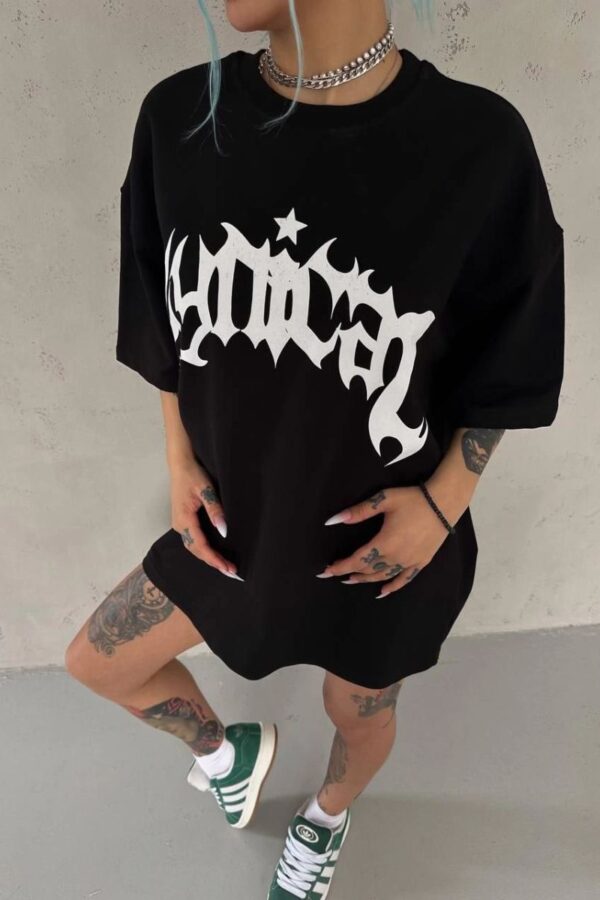 kadın Bisiklet Yaka Baskılı Oversize Kısa kol  T-Shirt - Siyah