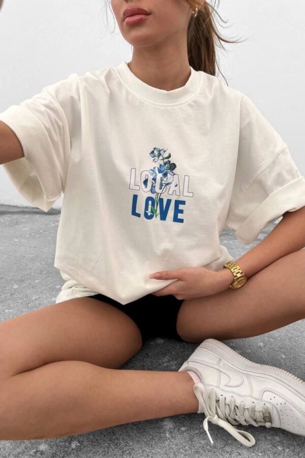 kadın Bisiklet Yaka Baskılı oversize  Kısa kol T-Shirt - Beyaz