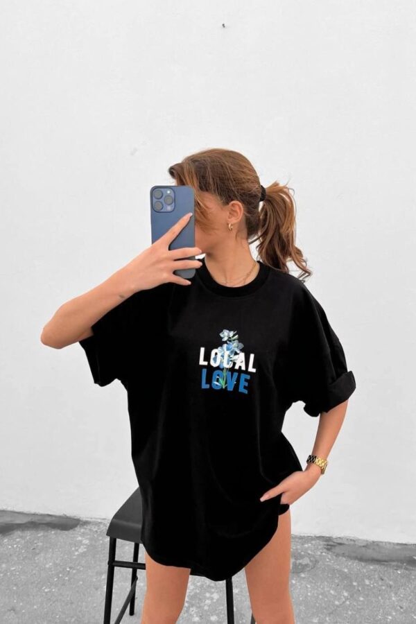 Kadın Tişort Bisiklet Yaka Baskılı Kısa kol Oversize T-Shirt - Siyah