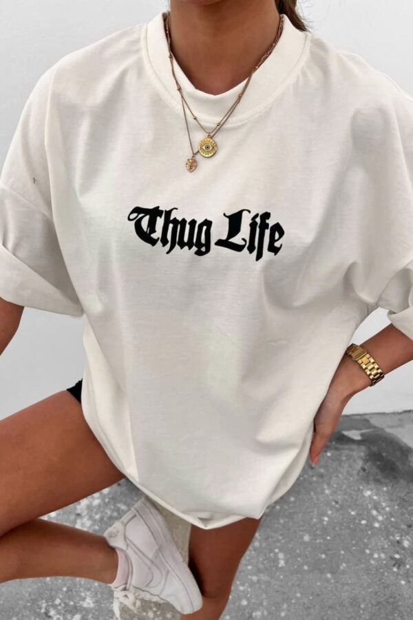 Kadın Bisiklet Yaka Baskılı Oversize  Kısa kol T-Shirt - Beyaz