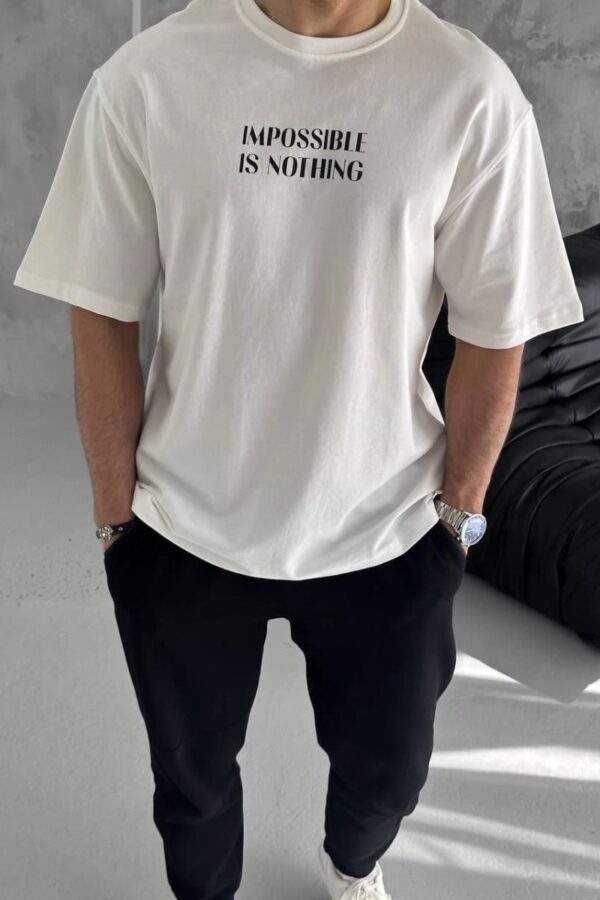 Erkek Bisiklet Yaka Baskılı Oversize  Kısa kol T-Shirt - Beyaz