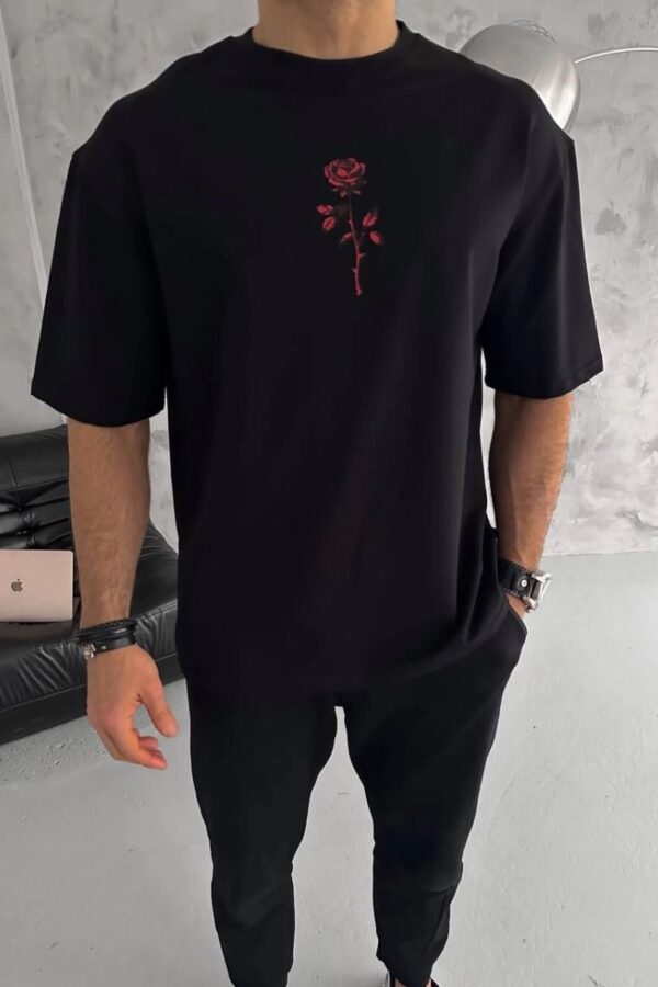 Erkek Bisiklet Yaka Baskılı Oversize  Kısa kol T-Shirt - Siyah
