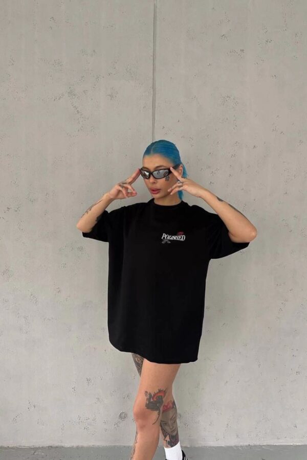 Kadın Bisiklet Yaka Baskılı kısa kol Oversize T-Shirt - Siyah