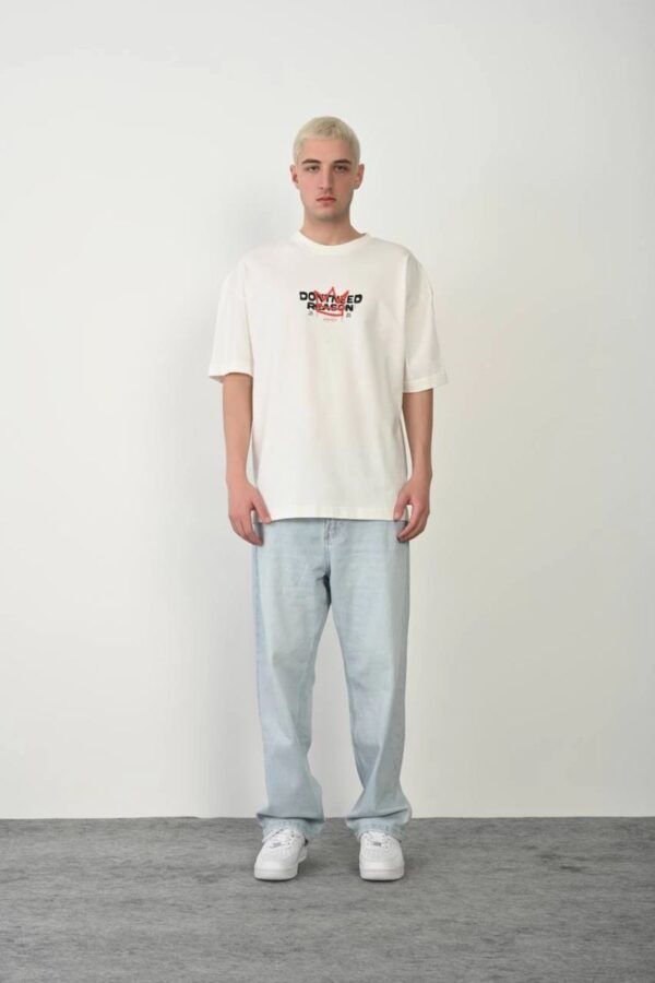Erkek Kısa Kol Yazlık Tişört Bisiklet Yaka Baskılı Oversize T-Shirt - Beyaz