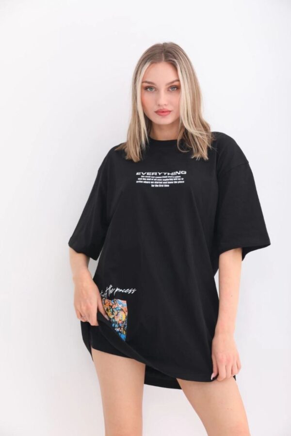 kadın Bisiklet Yaka Baskılı Oversize T-Shirt - Siyah