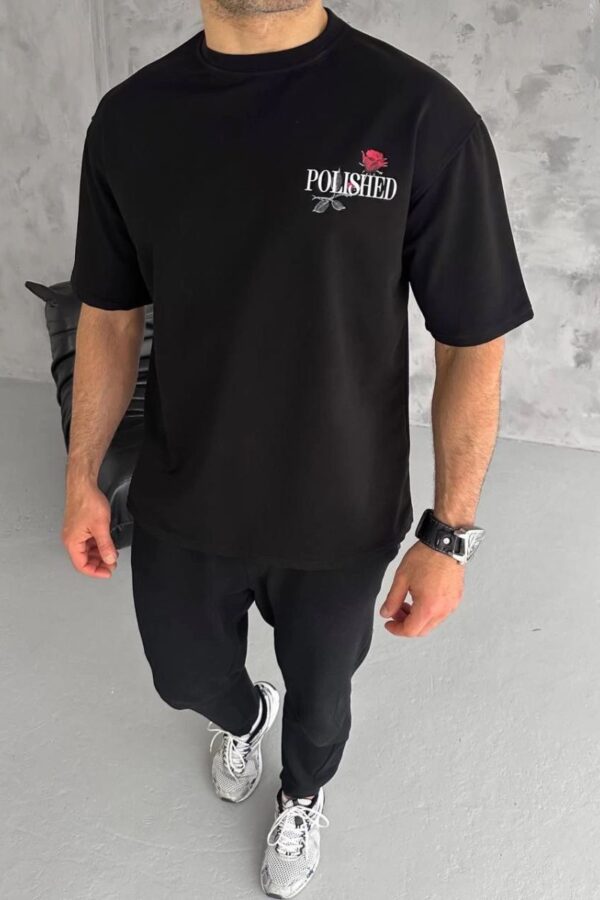 Erkek Kısa Kol Yazlık Tişört Bisiklet Yaka Baskılı Oversize T-Shirt - Siyah