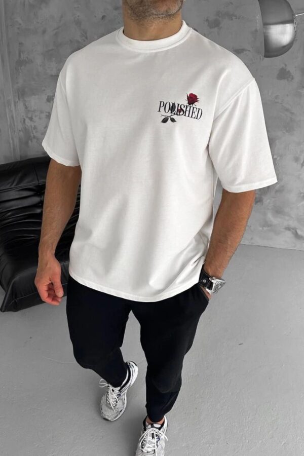 Erkek Kısa Kol Yazlık Tişört Bisiklet Yaka Baskılı Oversize T-Shirt - Beyaz