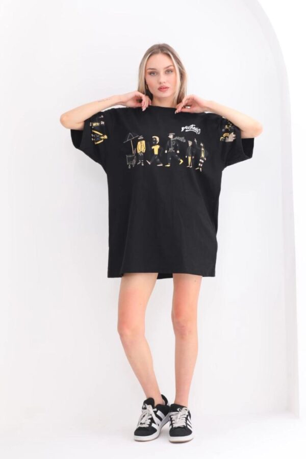 Kadın Kısa Kol Yazlık Tişört Bisiklet Yaka Baskılı Oversize T-Shirt - Siyah